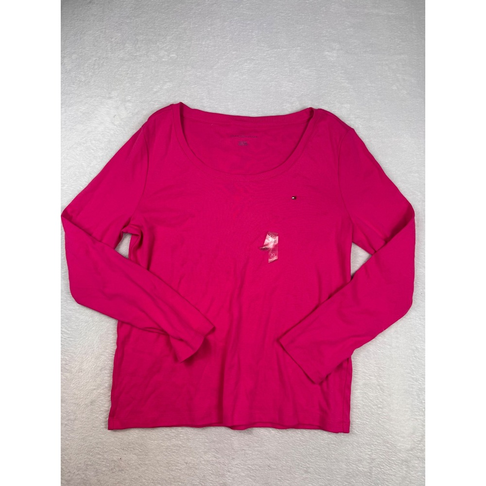 Tommy Hilfiger Womens XL Pink Long Sleeve Scoop Neck Cotton Ribbed Logo Top
